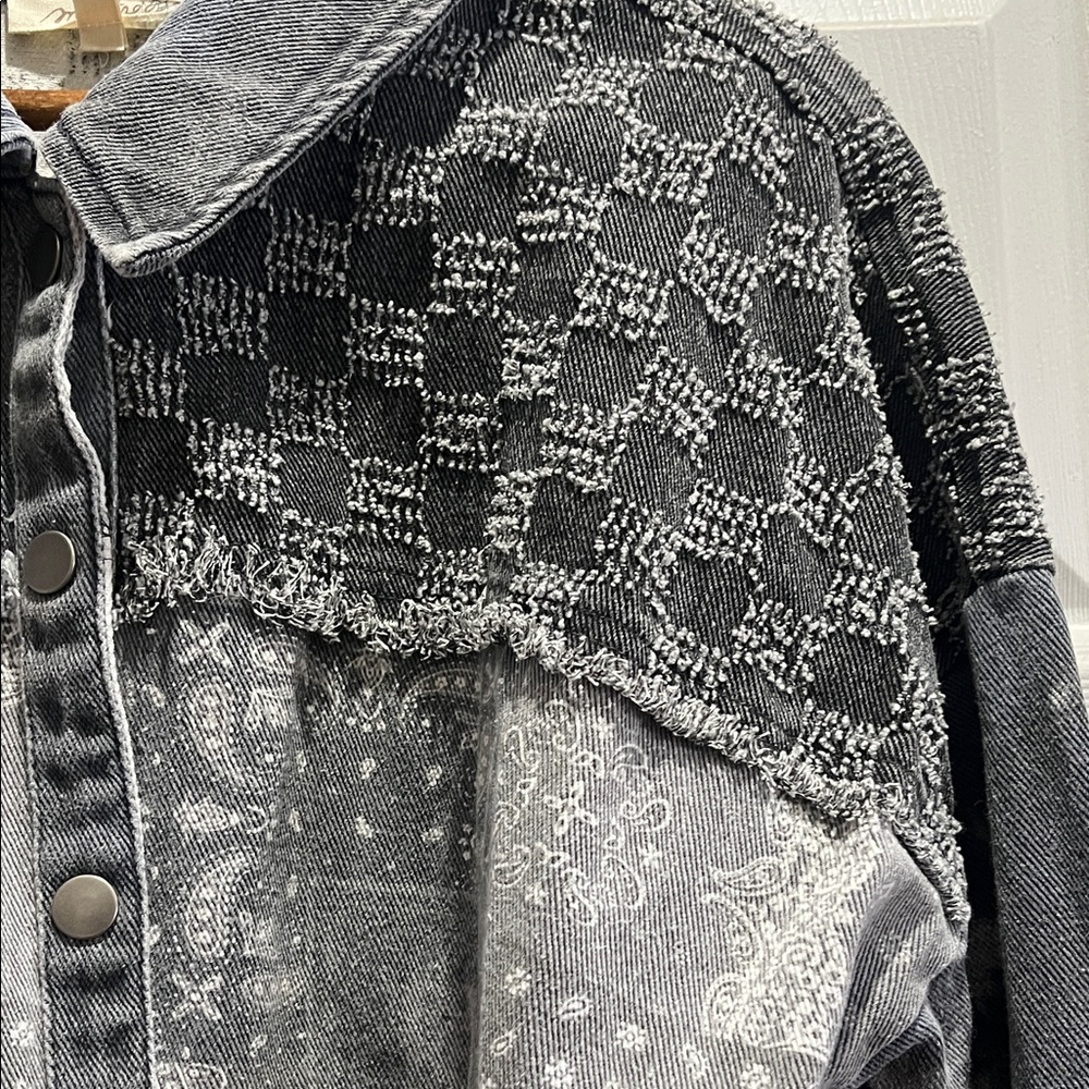 Patchwork Denim Button-Up Shirt (Shacket) distres… - image 5